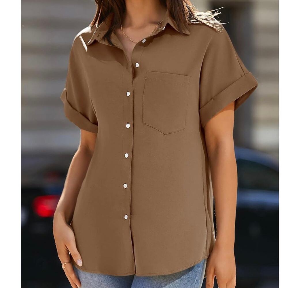 Beautife Tan Short Sleeve Button Front Blouse - Picture 3 of 16